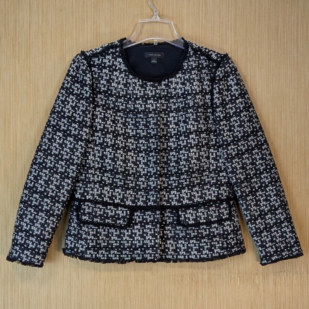 Ann Taylor Tweed Fringe Blazer Jacket Womens 8 Old Money Heritage Preppy Chic